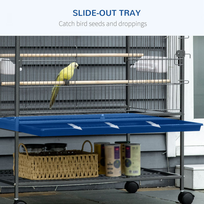 Pawhut Grande Cage A Oiseaux En Acier De 52'' Avec Support Roulant, Etagere De Rangement, Perchoir En Bois, Contenant A Nourriture, Gris Fonce