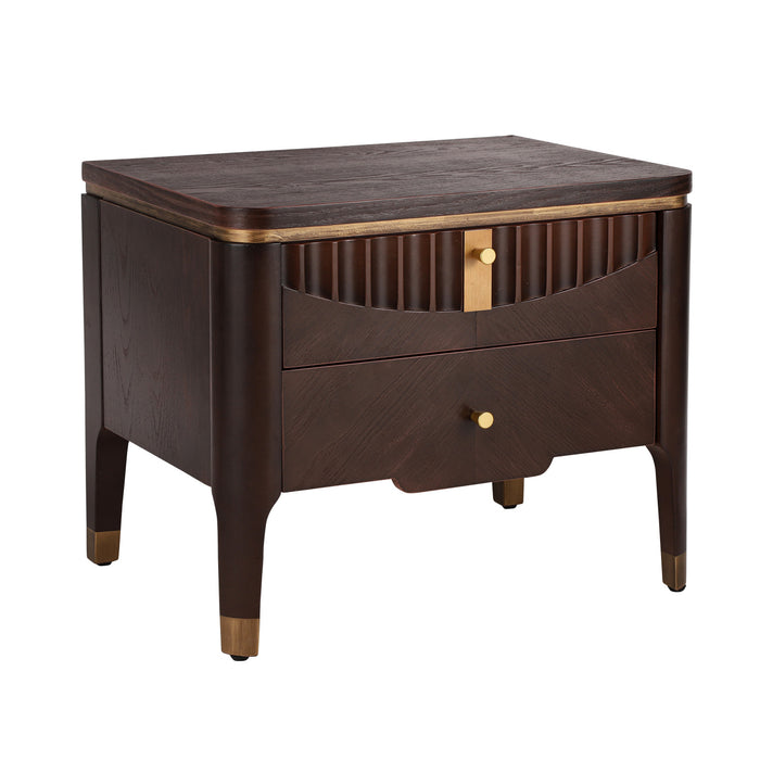 La table de nuit moderne Liam avec design en vague et 2 tiroirs de rangement, couleur brun fonce