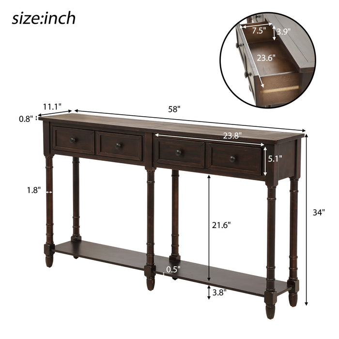 Table Console Phyllis En Bois Massif Avec Tiroirs Et Etagere Inferieure - Espresso