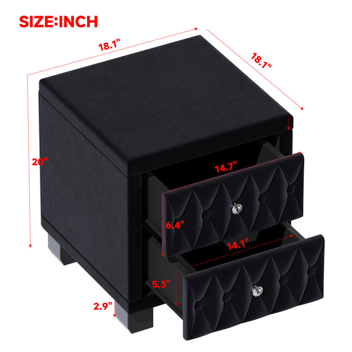 Sophia Table de Nuit Elegante en Velours avec Tiroirs et Design Capitonne, Noir