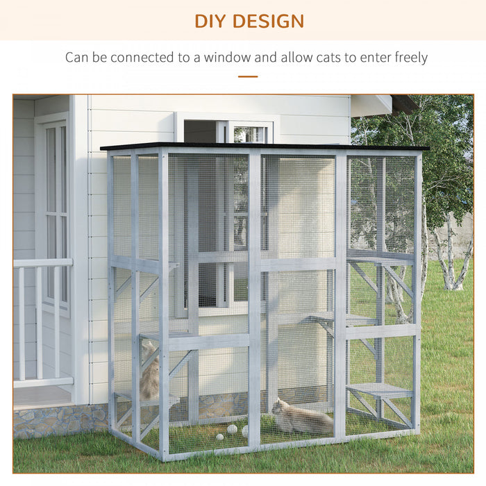 Pawhut Grand Enclos Exterieur Pour Chat, Terrasse En Bois Pour Chat Avec 6 Plates-formes Equilibrees Et Toit En Asphalte, 180 X 99 X 180 Cm, Gris