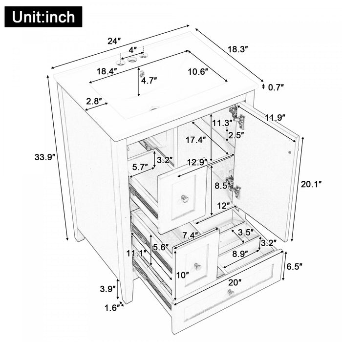 Mia Meuble-lavabo de 24\" avec vasque en ceramique et rangement a plusieurs tiroirs, Blanc