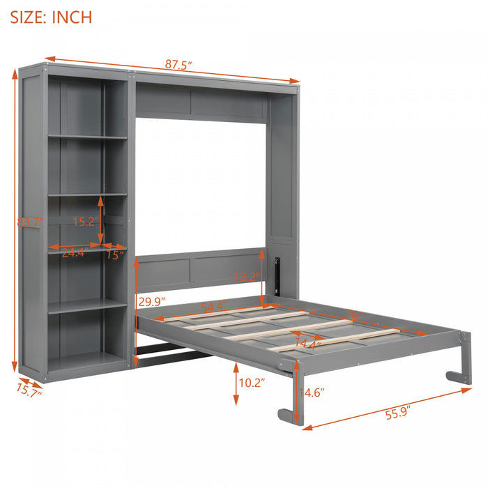 Lit Escamotable Double Jocelyn Gain De Place Avec Etageres, Gris
