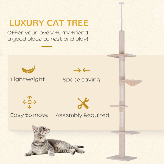 Pawhut 8.5ft Chat Escalade Arbre 5 Niveaux Centre D'activites Du Sol Au Plafond Chat Grimpeur Jouet Avec Grattoir Jouer Repos Post Meubles Pour Animaux De Compagnie Beige