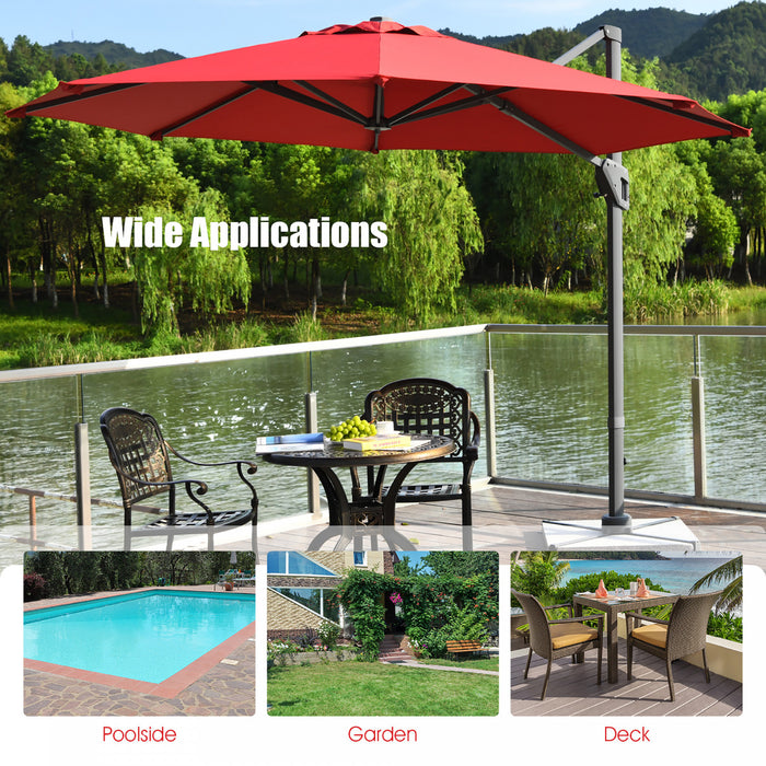 Costway Parasol deporte 11ft pour terrasse a rotation cantilever, aluminium, inclinable, base croisee, vin