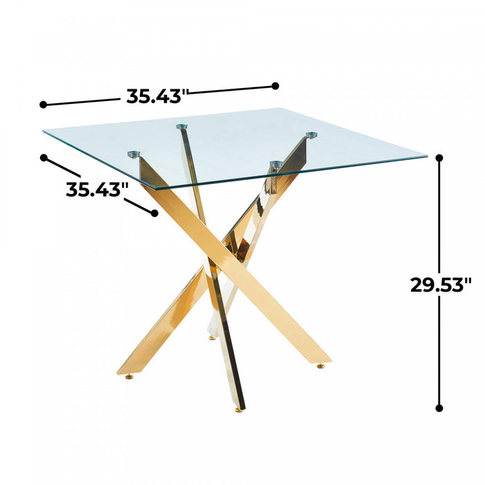 Table a manger carree en verre Olivia avec fonction polyvalente, finition doree
