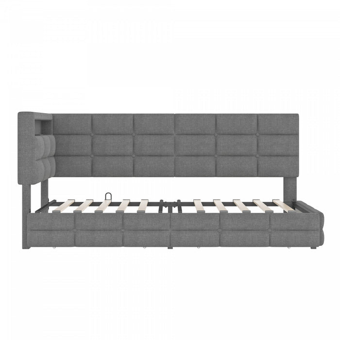 Banquette-lit Sophia rembourree avec lumieres LED et tiroirs de rangement, taille simple, gris