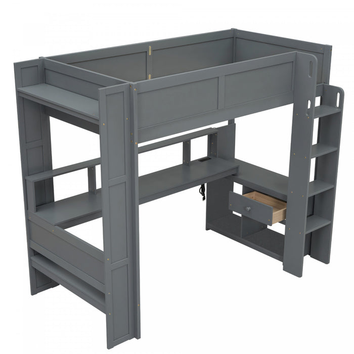 Jackson – Lit Mezzanine Simple En Bois Massif Avec Bureau, Etageres De Rangement, Eclairage Del Et Station De Recharge – Gris Fonce