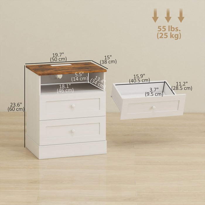 HOMCOM Lot de 2 tables de chevet avec station de charge, blanc et chene