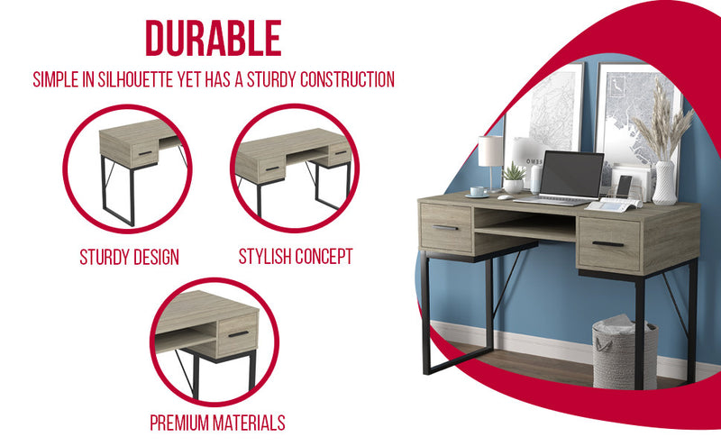 Bureau D’etude 42,5 Po Pour Bureau A Domicile Ou Salle De Jeux – Taupe Fonce Avec 2 Tiroirs, 1 Etagere Et Base En Metal Noir
