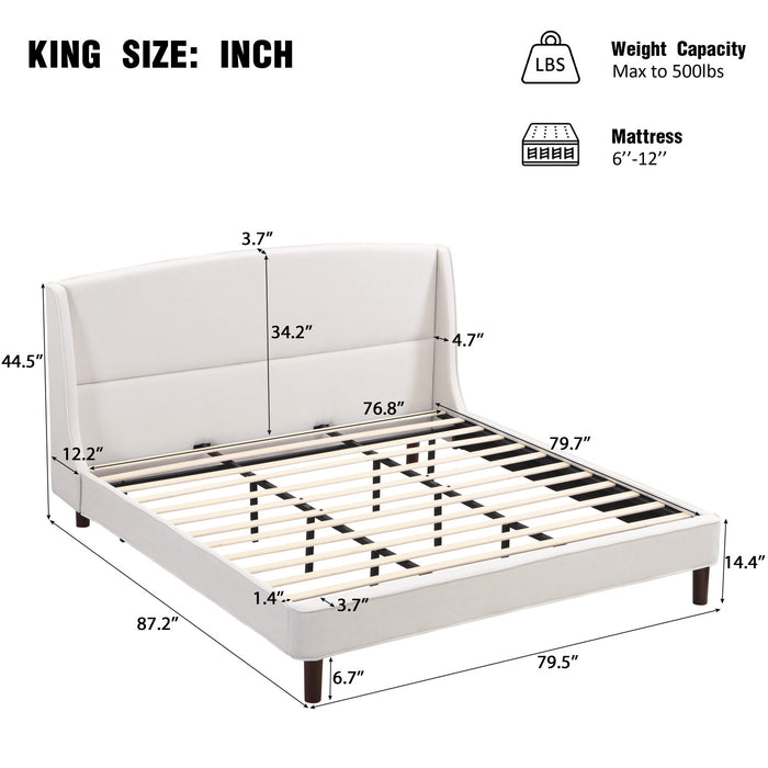 Lit Ellison a Plateforme Rembourre en Tissu avec Tete de Lit Ailes et Lattes en Bois, Taille King - Beige