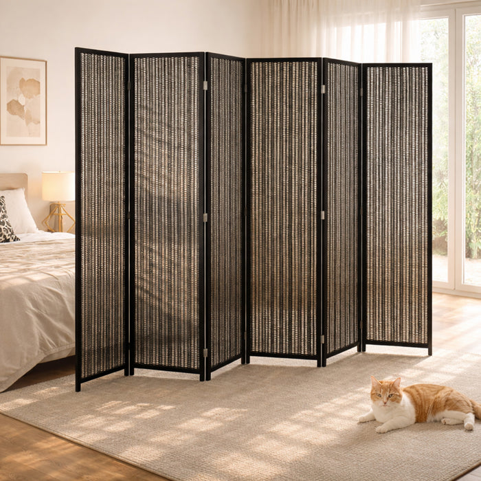 HOMCOM Paravent 6 Panneaux avec Bambou Tresse, Cloison Pliable, noir