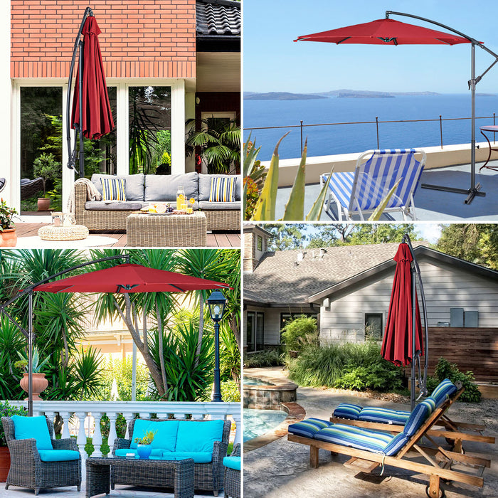 Costway Parasol suspendu 10' pour patio, ombre solaire decalee avec base T Croix Marche Bourgogne