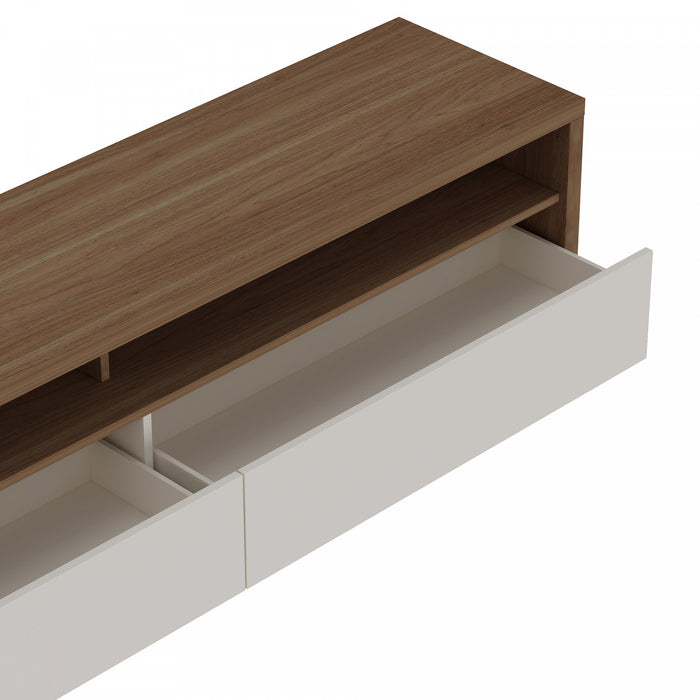 Meuble TV contemporain moderne Duncan 70\" en erable et blanc casse