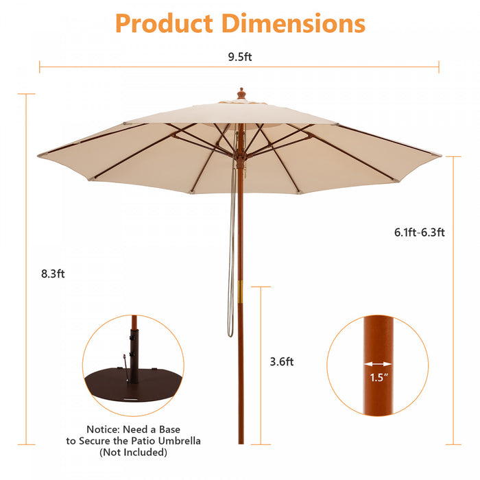 Costway Parasol de marche a poulie en corde 9,5FT avec baleines en fibre de verre Beige