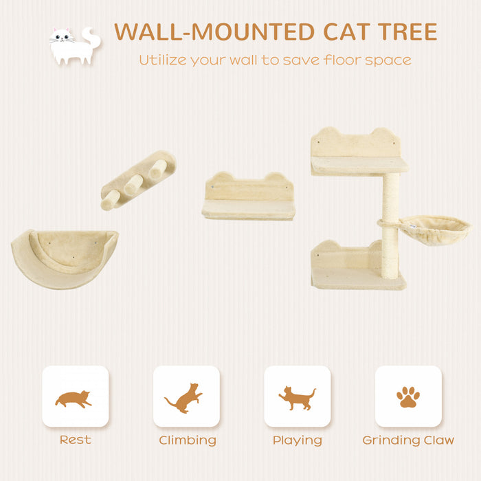 Pawhut Grimpeur Mural Pour Chat Avec Hamac, Griffoir, 3 Marches, Plateformes De Saut, Etagere Murale Pour Chat Pour Se Detendre, Dormir, Grimper, Mobilier Mural Pour Chat D'interieur - Beige