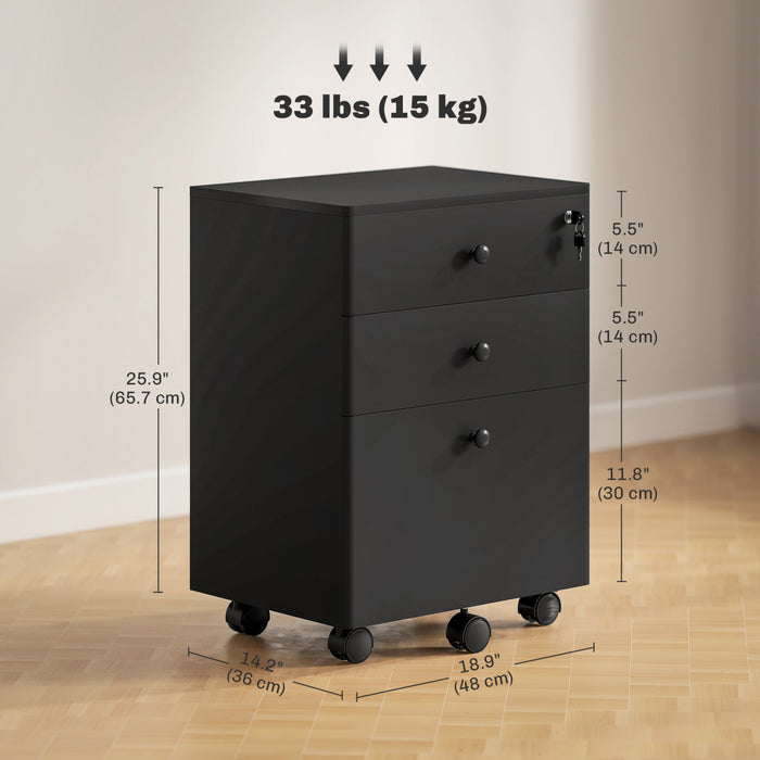 HOMCOM Classeur a 3 tiroirs avec serrure, classeur mobile, noir