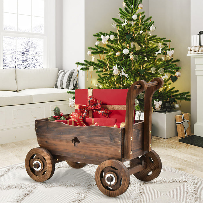 Jardiniere En Bois En Forme De Brouette, Chariot Decoratif Avec Roues, Poignees, Trou De Drainage, Support De Pot De Fleurs Roulant, Pot De Fleurs Rustique, Interieur Et Exterieur, Jardin, Terrasse, Balcon,