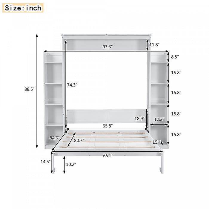 Aiden Lit escamotable Murphy avec etageres et eclairage LED, taille Queen, blanc