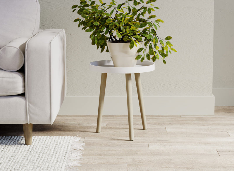 Table de bout avec base en pin - forme ronde blanche 