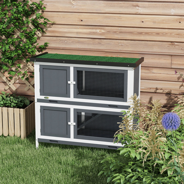 Pawhut Clapier En Bois Pour Lapins, Habitat Pour Petits Animaux Avec Rampe, Plateau Amovible Et Toit Resistant Aux Intemperies, Interieur/exterieur, Gris