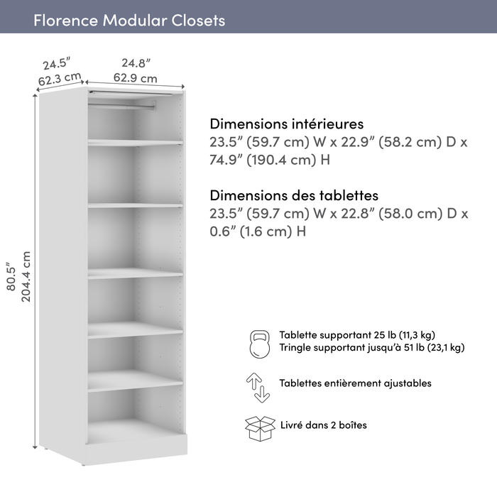 Système de garder-robe et pièce-penderie modulaire Florence de Bestar de 25 po avec éclairage à DEL et tablettes - blanc