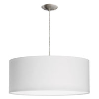 Luminaire suspendu de Dainolite de 22 po de diamètre avec abat-jour cylindrique blanc qui diffuse la lumière, fini chromé satiné et 3 ampoules