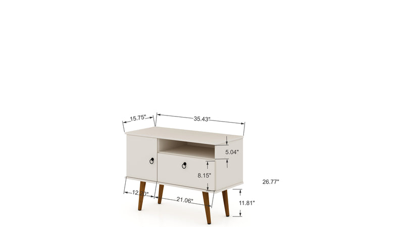 Meuble pour téléviseur Tribeca de Manhattan Comfort de 35,43 po de style moderne du milieu du 20e siècle avec pattes en bois massif - blanc cassé