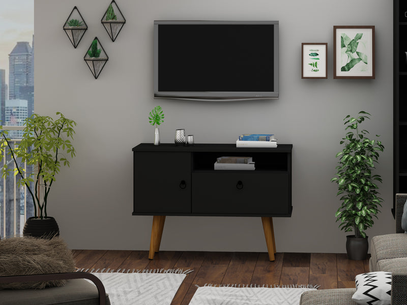 Meuble pour téléviseur Tribeca de Manhattan Comfort de 35,43 po de style moderne du milieu du 20e siècle avec pattes en bois massif - noir