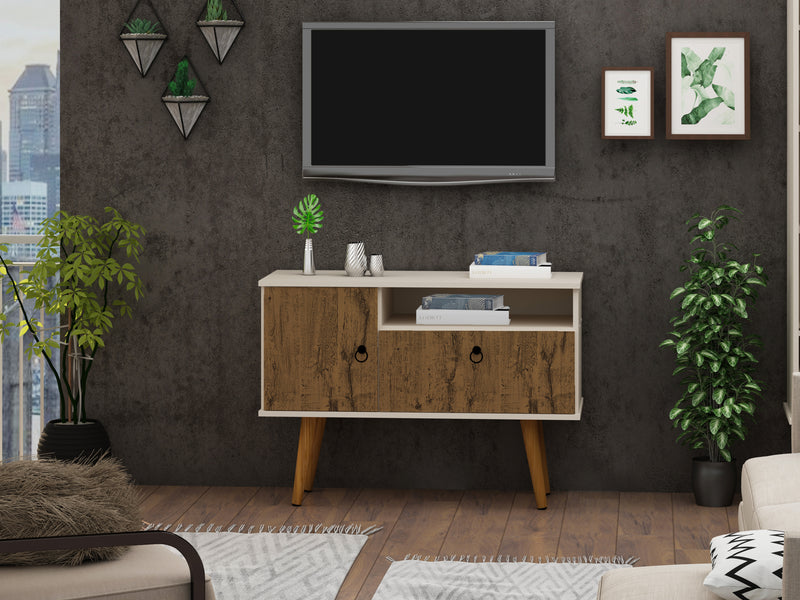 Meuble pour téléviseur Tribeca de Manhattan Comfort de 35,43 po de style moderne du milieu du 20e siècle avec pattes en bois massif - blanc cassé et naturel