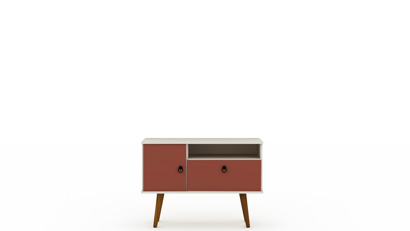 Meuble pour téléviseur Tribeca de Manhattan Comfort de 35,43 po de style moderne du milieu du 20e siècle avec pattes en bois massif - blanc cassé et rose orangé Terra