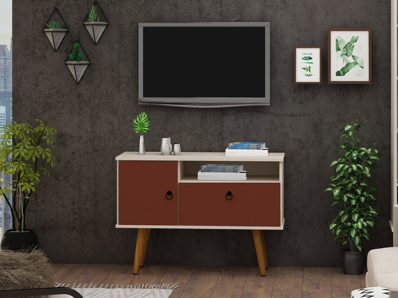 Meuble pour téléviseur Tribeca de Manhattan Comfort de 35,43 po de style moderne du milieu du 20e siècle avec pattes en bois massif - blanc cassé et rose orangé Terra