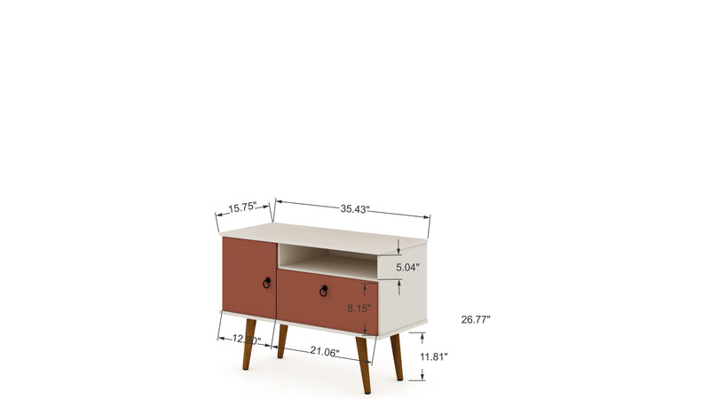 Meuble pour téléviseur Tribeca de Manhattan Comfort de 35,43 po de style moderne du milieu du 20e siècle avec pattes en bois massif - blanc cassé et rose orangé Terra