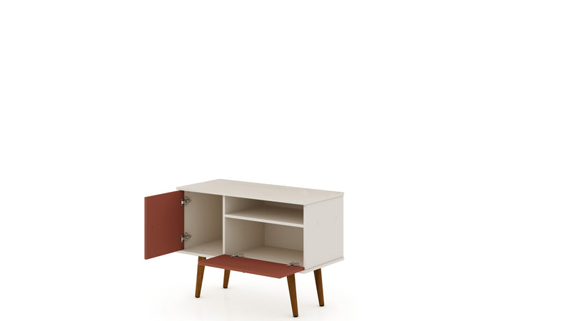 Meuble pour téléviseur Tribeca de Manhattan Comfort de 35,43 po de style moderne du milieu du 20e siècle avec pattes en bois massif - blanc cassé et rose orangé Terra