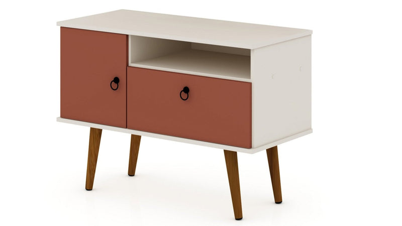 Meuble pour téléviseur Tribeca de Manhattan Comfort de 35,43 po de style moderne du milieu du 20e siècle avec pattes en bois massif - blanc cassé et rose orangé Terra