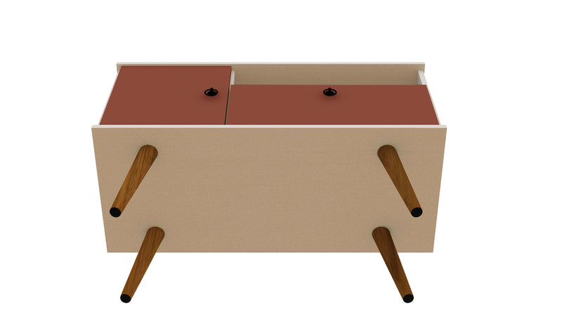 Meuble pour téléviseur Tribeca de Manhattan Comfort de 35,43 po de style moderne du milieu du 20e siècle avec pattes en bois massif - blanc cassé et rose orangé Terra