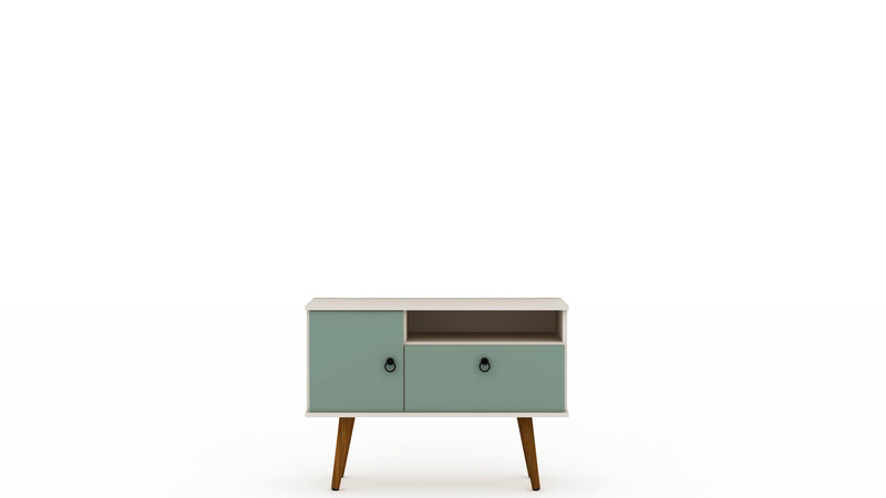 Meuble pour téléviseur Tribeca de Manhattan Comfort de 35,43 po de style moderne du milieu du 20e siècle avec pattes en bois massif - blanc cassé et vert menthe