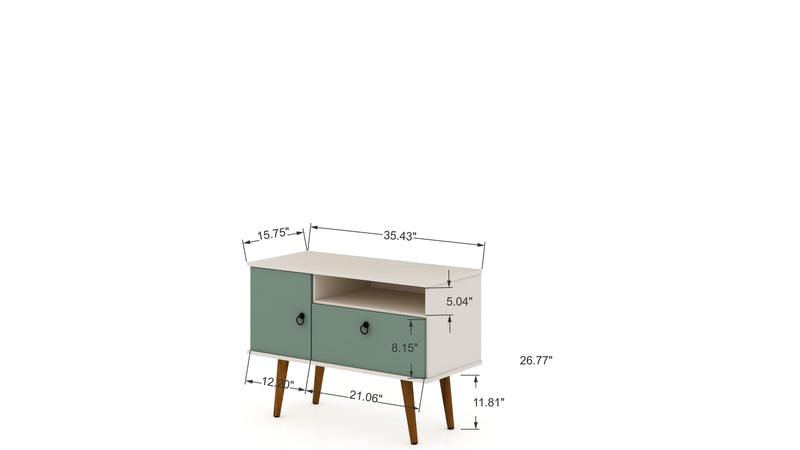Meuble pour téléviseur Tribeca de Manhattan Comfort de 35,43 po de style moderne du milieu du 20e siècle avec pattes en bois massif - blanc cassé et vert menthe