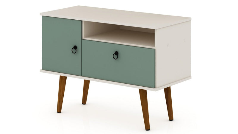 Meuble pour téléviseur Tribeca de Manhattan Comfort de 35,43 po de style moderne du milieu du 20e siècle avec pattes en bois massif - blanc cassé et vert menthe