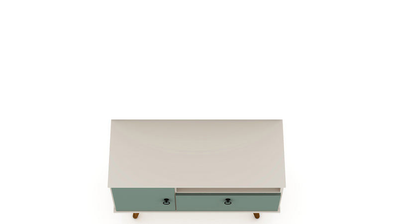 Meuble pour téléviseur Tribeca de Manhattan Comfort de 35,43 po de style moderne du milieu du 20e siècle avec pattes en bois massif - blanc cassé et vert menthe