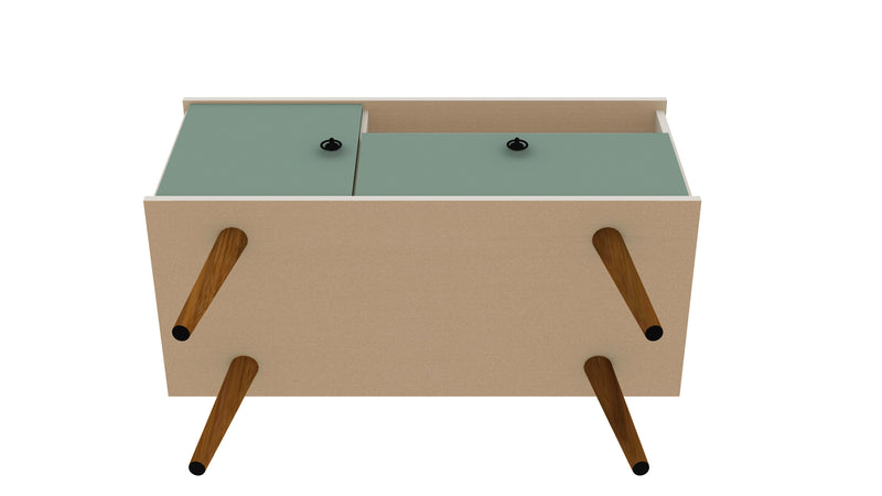 Meuble pour téléviseur Tribeca de Manhattan Comfort de 35,43 po de style moderne du milieu du 20e siècle avec pattes en bois massif - blanc cassé et vert menthe