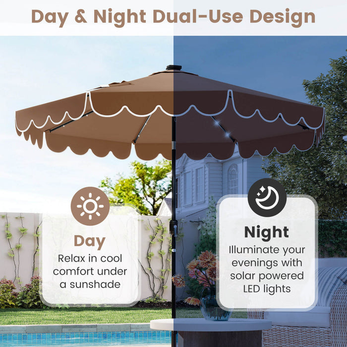 Parasol solaire Costway 9,3 FT style marche exterieur avec 24 LED, bordures, marron