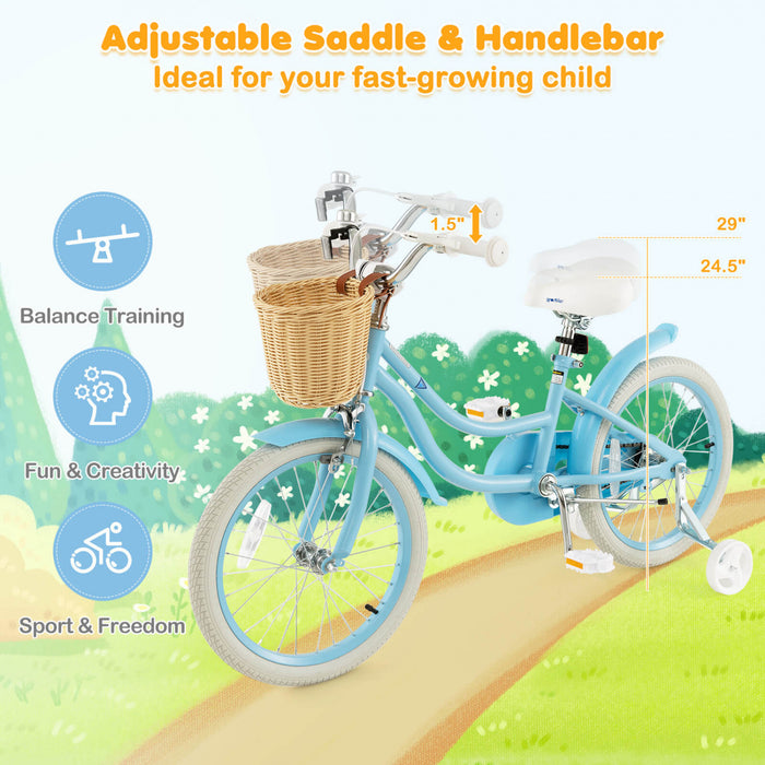 Costway 18\" Velo Enfant Avec Roues D'entrainement Reglable Guidon Siege Frein A Main Bleu