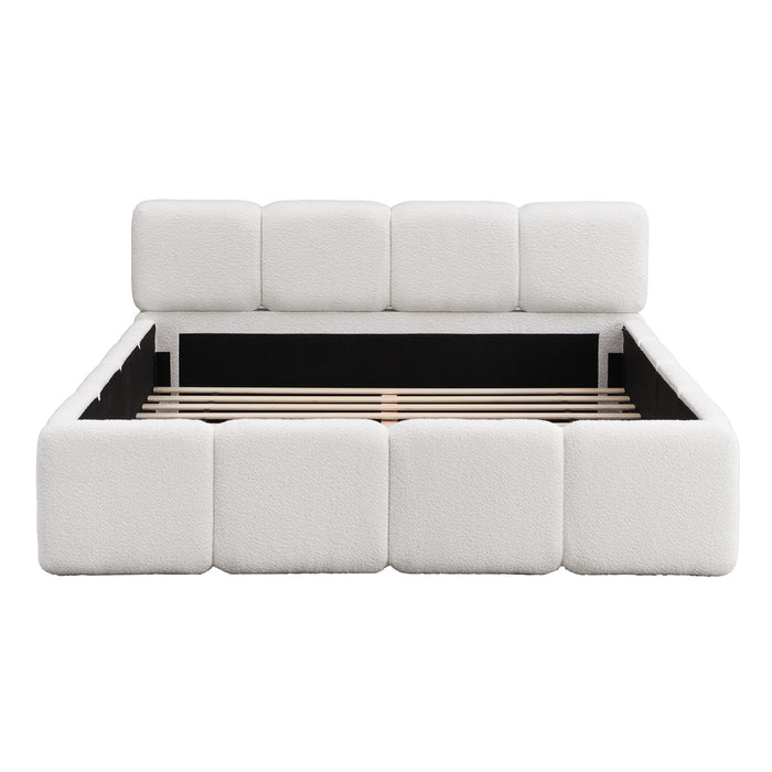 Lit plateforme Aiden avec cadre rembourre de soutien en tissu boucle, taille Queen, blanc