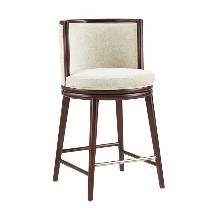 Tabouret de comptoir moderne en bois avec revetement en tissu creme Evalyn