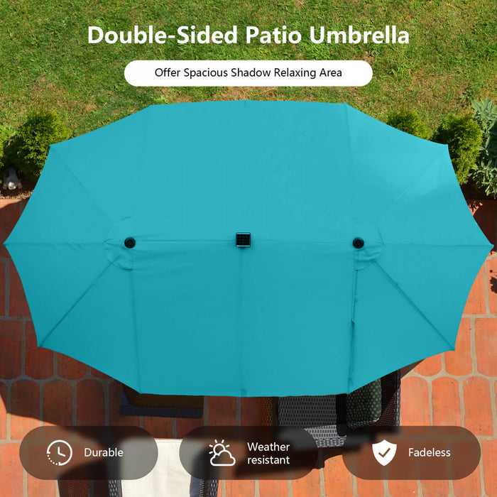 Costway Parasol double face jumeau de patio de 15 pieds avec 48 lumieres LED solaires et manivelle turquoise