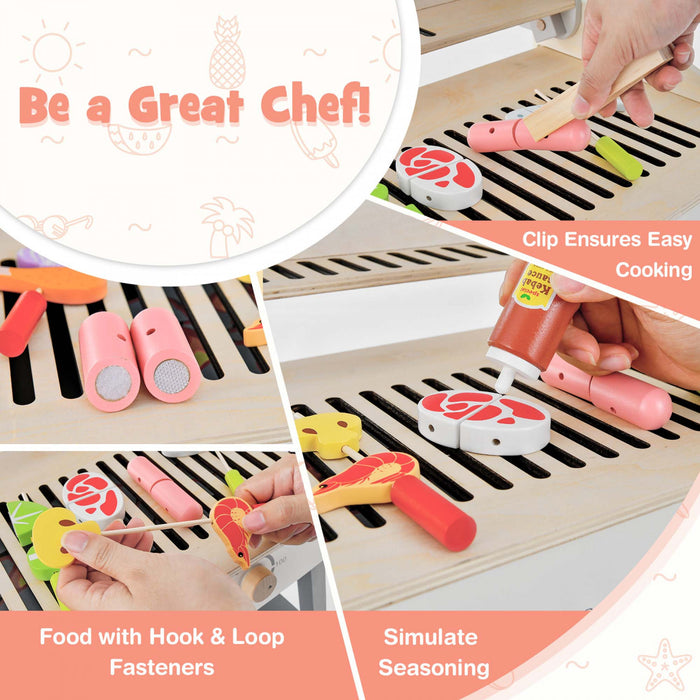 Ensemble De Barbecue De Jeu En Bois Pour Enfants, Barbecue Jouet Bbq Avec 17 Ustensiles De Grill En Bois Et Nourriture De Jeu, 4 Pieds En Bois Massif, Jeu De Cuisine D'imitation Pour Usage Interieur Et Exterieur, Cadeau Pour Garcons Et Filles De Plus De 3 Ans