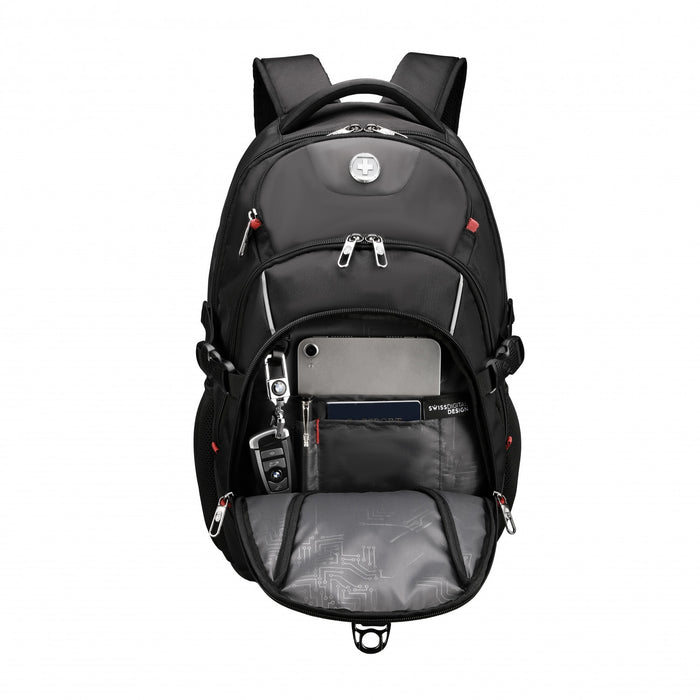 Sac a dos scolaire Swissdigital Kappel – Sac pour ordinateur portable de 17\", SDD Finder, systeme Add-A-Bag, bord reflechissant, multi-poches, ergonomique