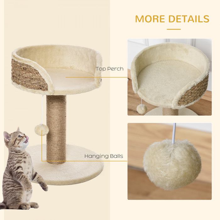 Pawhut Petit Arbre A Chat Avec Griffoir, Perchoir, Boule De Jouet, Tour De Chat Pour Chats D'interieur - 16\" X 16\" X 19\", Beige