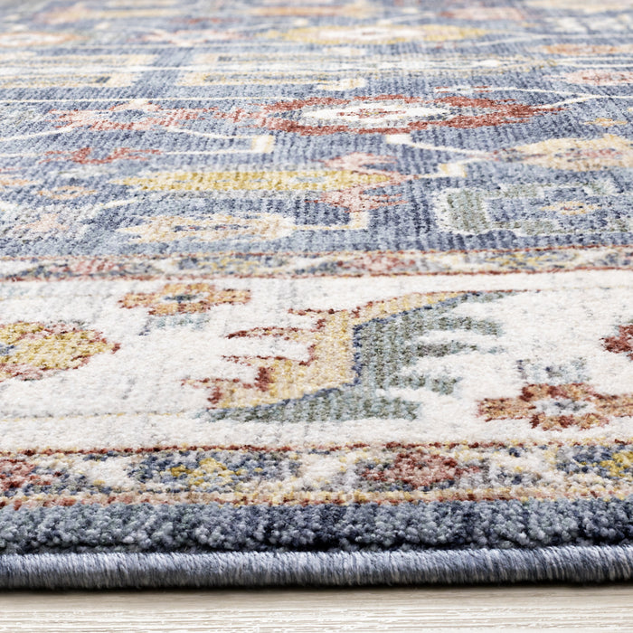 Tapis Olivia bleu a inspire tribal avec bordure, 5'3\" x 7'10\"